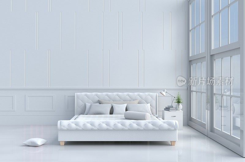 白色的床房间装饰着玻璃花瓶，树，枕头，白色的毯子，窗户，天空，灯，白色的墙壁是图案，阳光透过窗户进入阴影，白色的地板。3 d渲染。